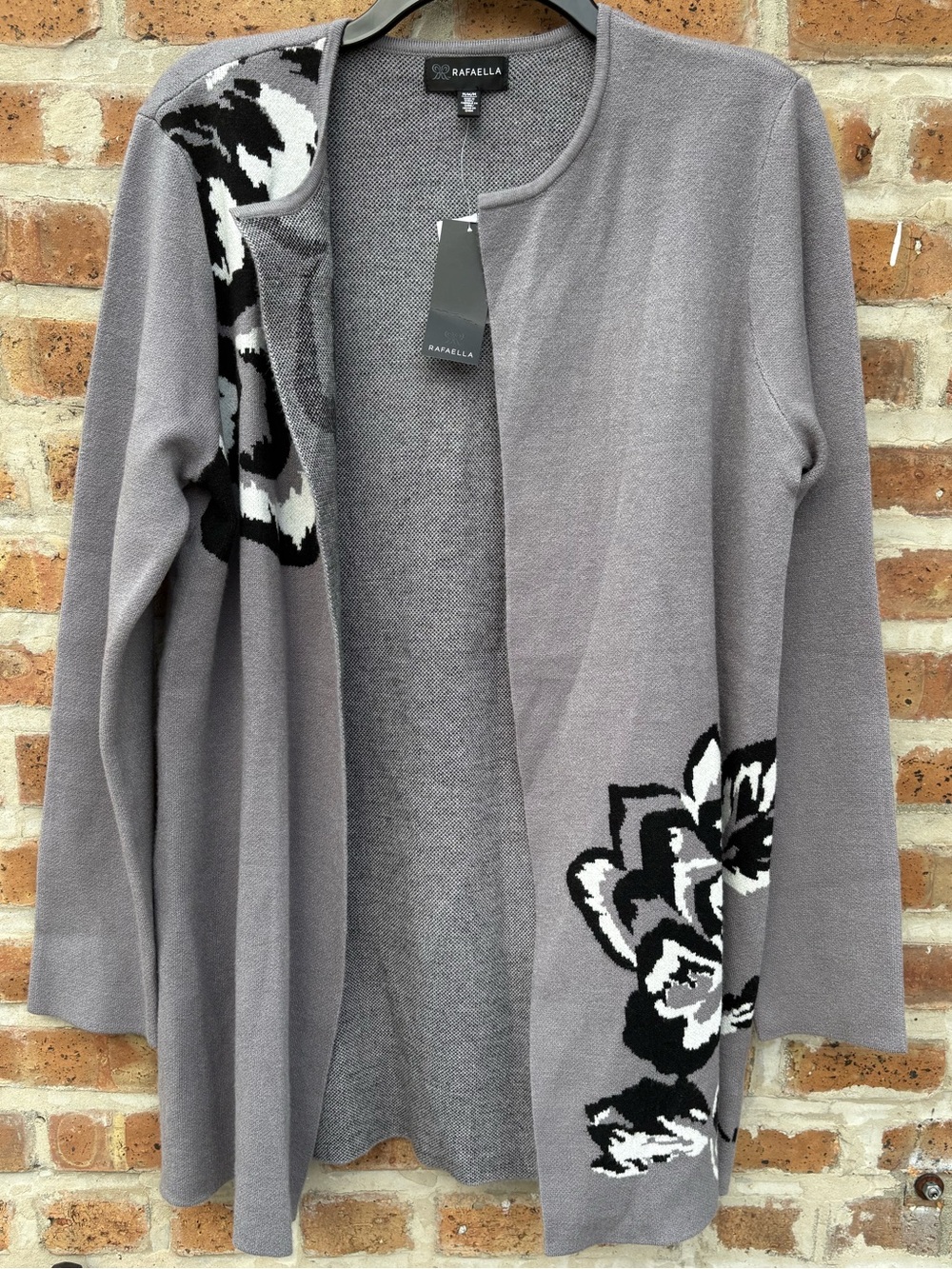 Rafaella Gray Open-Front Cardigan with Black & White Floral Pattern